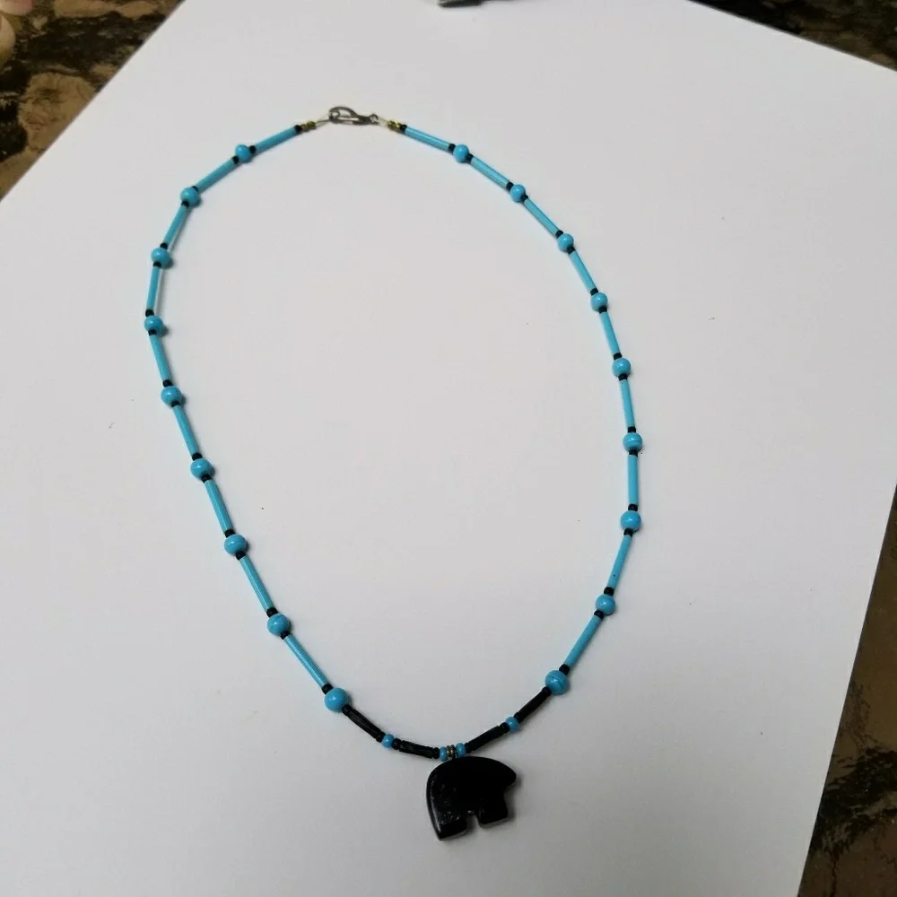 Vintage bear necklace blue glass beads southwestern boho black